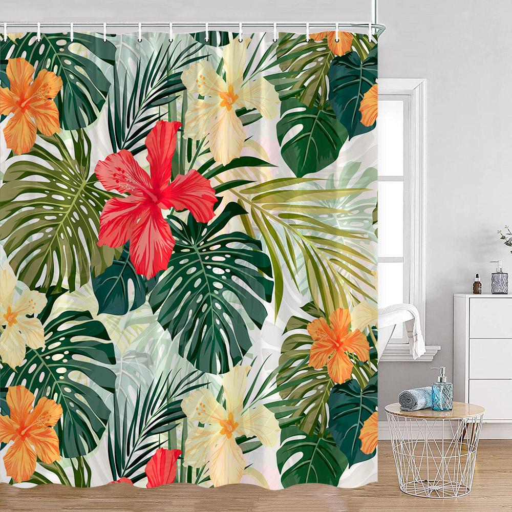 Tropische Blätter Duschvorhang Grünes Blatt Monstera Palmenblumen Floral Badezimmer Vorhänge Grünpflanzen Bad Dekoration Mit Haken