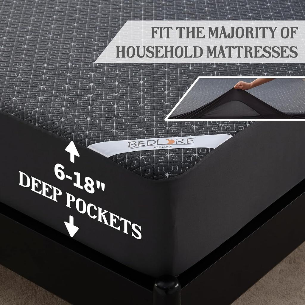 BEDLORE Queen Mattress Protector, Waterproof Noiseless Mattress Cover with Deep Pocket for 6-18 inches Mattress, Soft Breathable Mattress Pad Machine