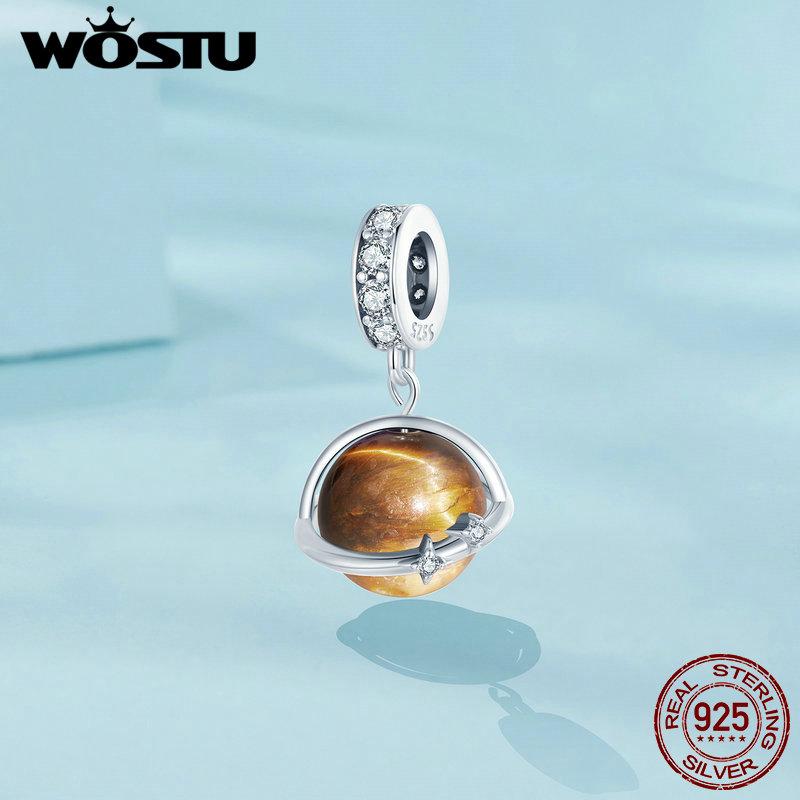 WOSTU 925 Sterling Silver Planet Astronaut Rocket UFO Moon Charms Beads Pendant Fit Original Bracelet Necklace For Women Jewelry
