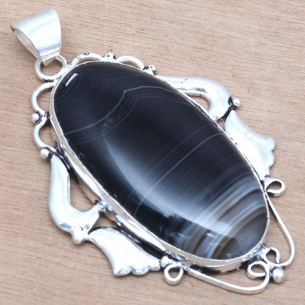 Pendant Grey Botswana Agate Gemstone Mother's Day Gift Silver Jewelry 2.5"
