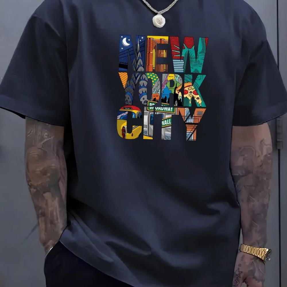 Summer men's 100% cotton comfortable casual loose plus size NEW YORK CITY printed sports round neck short sleeved T-shirt top