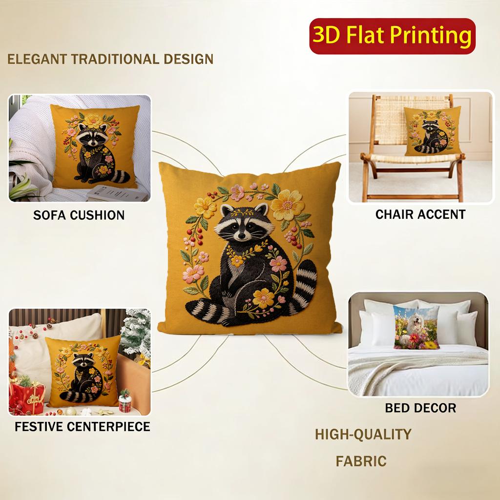 Floral Raccoon Embroidery Style Throw Pillow Covers Pattern Cushion Cover Suitable For Sofa Bedroom Car Pillow Cover