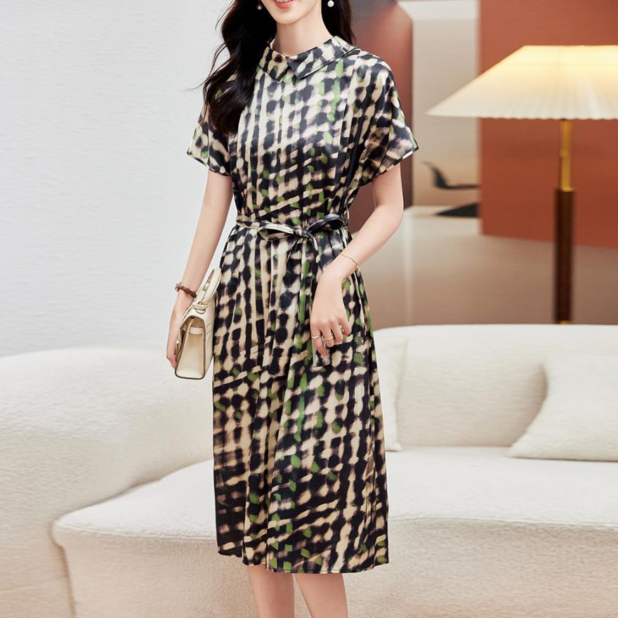 

Платье из тяжелого шелка в стиле легкой роскоши, женское летнее новое, с принтом, рубашка из шелка тутового дерева, юбка с завышенной талией 3XL