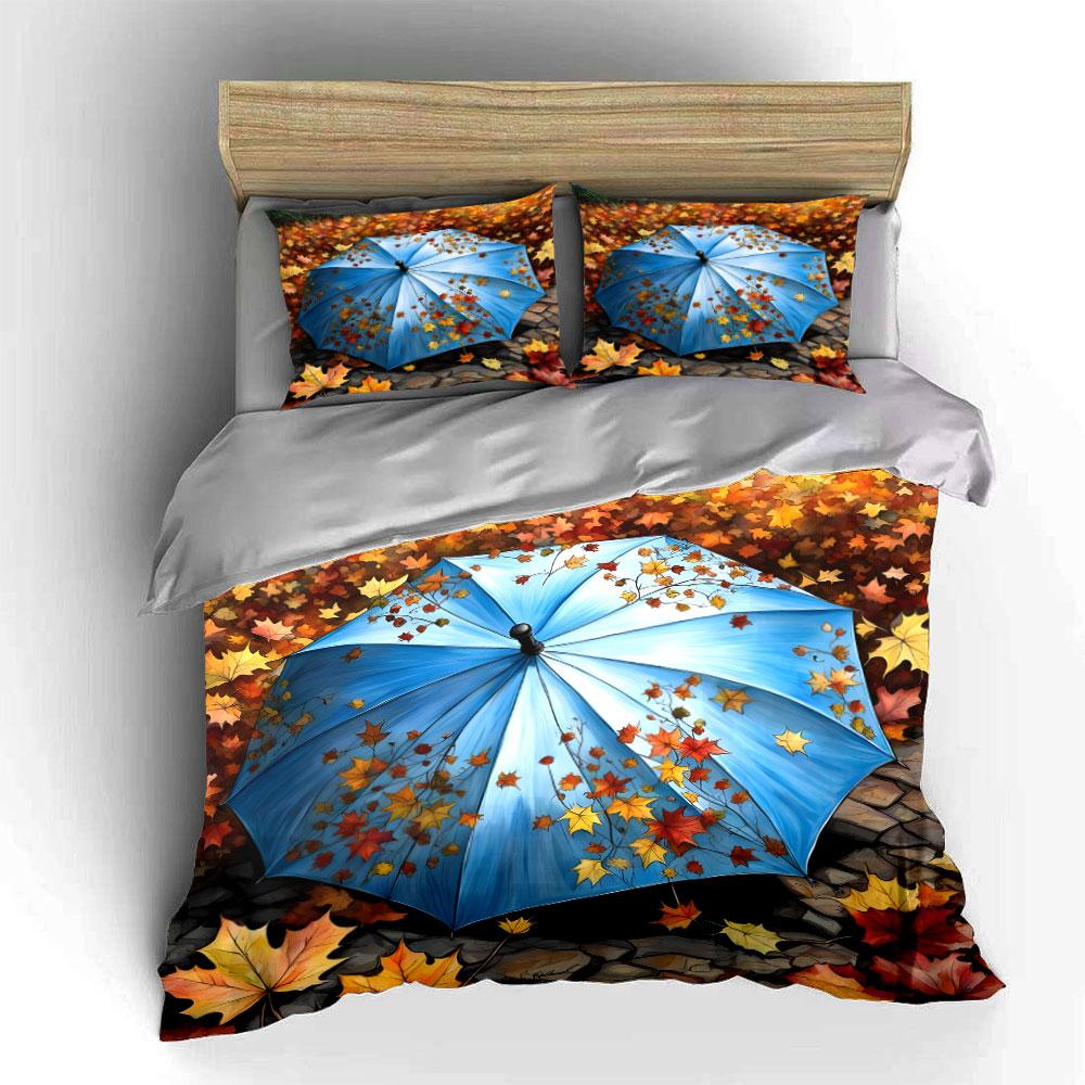 Autumn Themed Umbrella Set Soft Comfortable Duvet Cover Bedding Set Included 1*Duvet Cover & 2*Pillowcases, Gift
