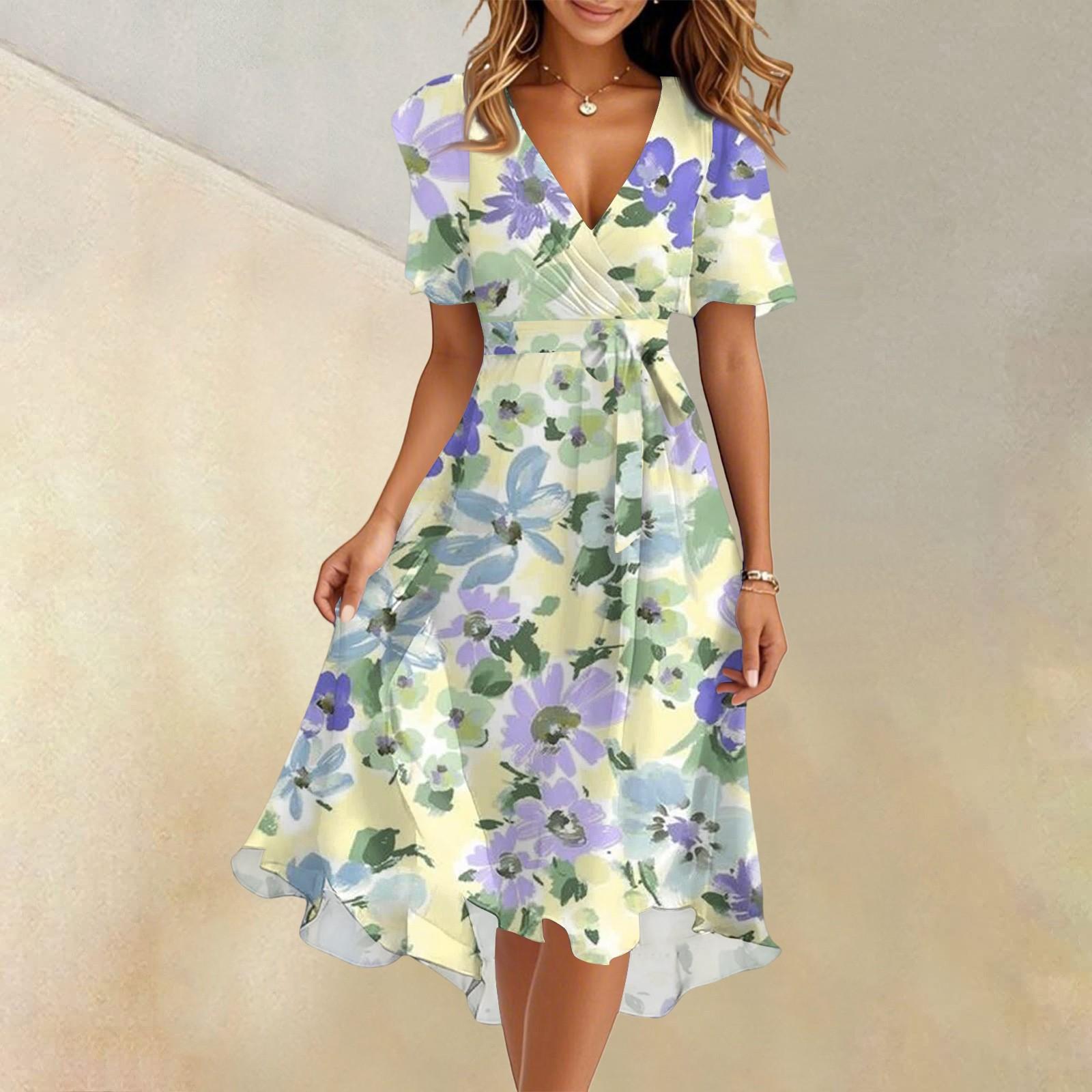 

Женское летнее модное расклешенное платье с V-образным вырезом и короткими рукавами с цветочным принтом S