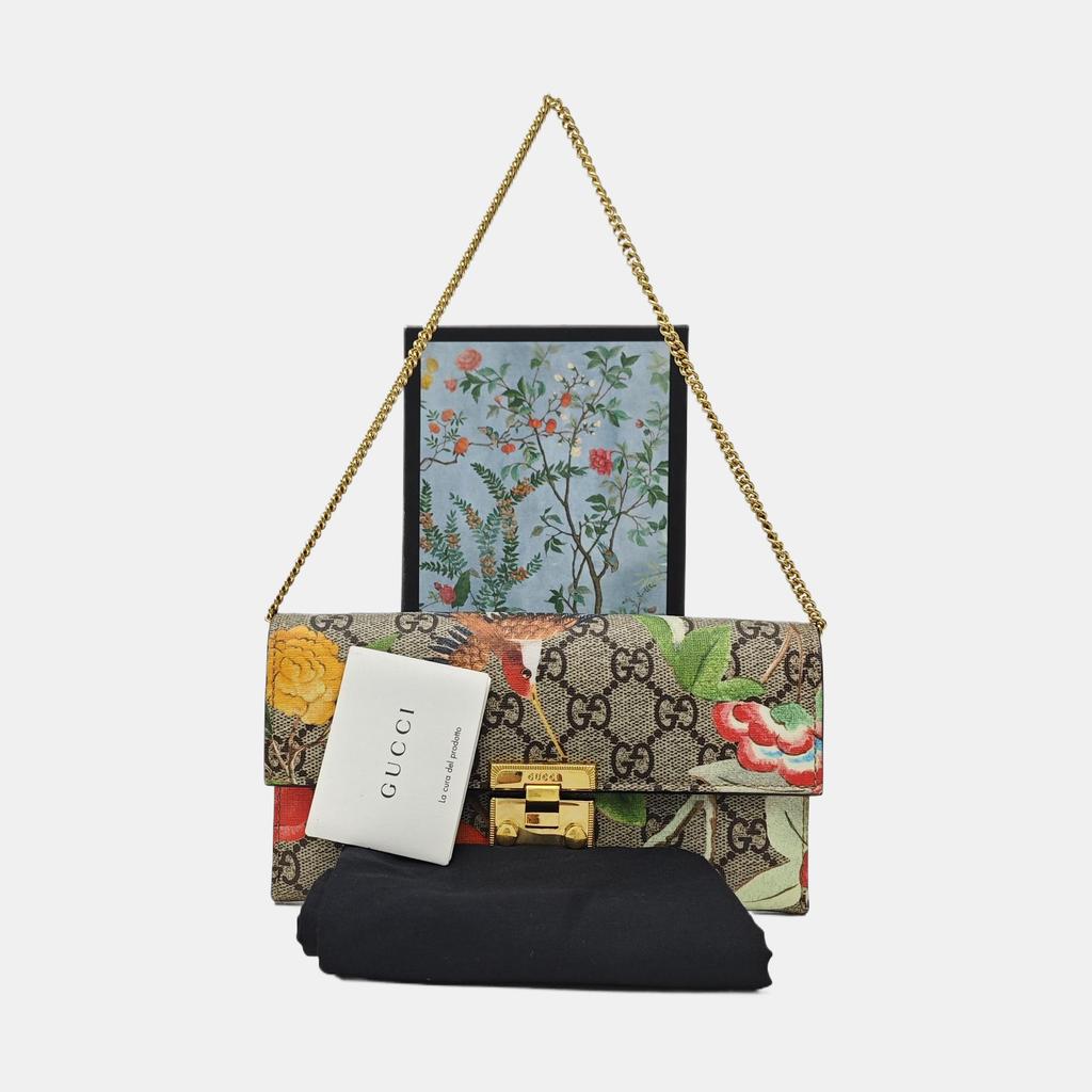 [Pre-Owned] Padlock Metal Lock Buckle Bag Floral Bird Print Vintage Logo Canvas Leather Chain Wallet Handheld Shoulder Bag Clutch - Very Good #1106KB5