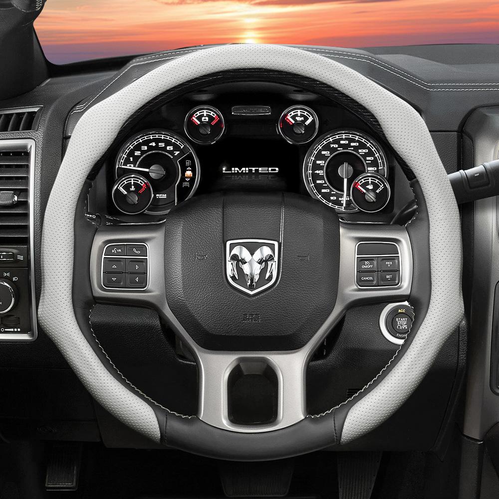 Zkfan8 Suitable for Ram Perforated Leather Steering Wheel Cover, Non-Slip, Sweat-Absorbent, Breathable, Integrated Snap-On Protective Cover for Pickup
