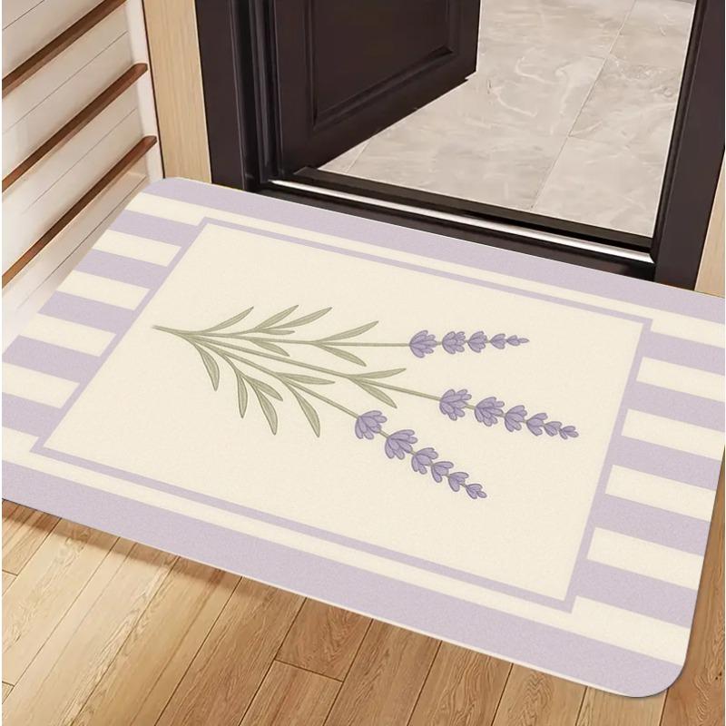 Pastoral Purple Floral Gingham Door Mat Cute Lavender Floral Plaid Print Non-Slip Entryway Rug Sweet Boho Bow Themed Floor Mat