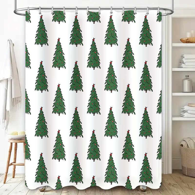 Christmas Tree Shower Curtain with Cute Illustration Decor White Waterproof Bathroom Linen for Home Decoration Supplies (Set of