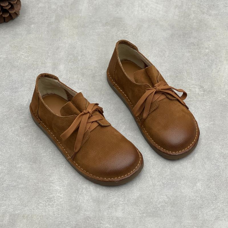 Johnature Casual Genuine Leather Lace-up Flats Round Toe Solid Color Cowhide Versatile Women's Shoes