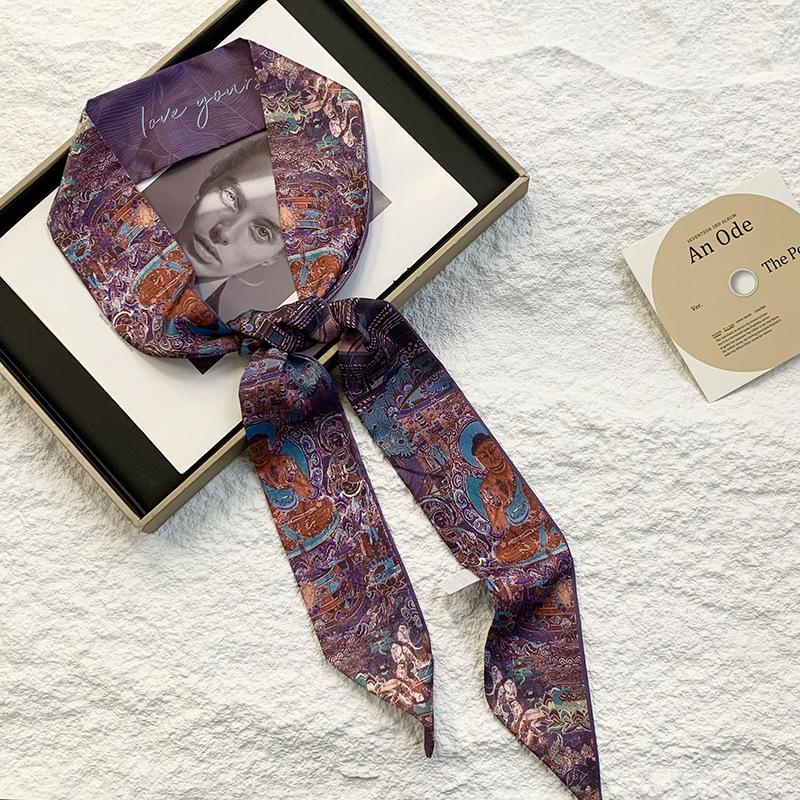 

New simulated silk oil painting small silk scarf women s spring and summer tied bag tied hair decorative long scarf headband streamer