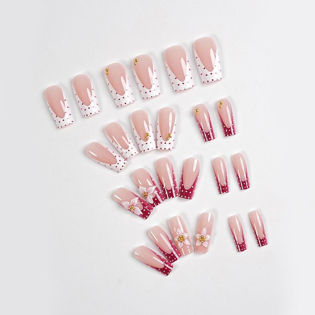 Hand-Set Rhinestone Press-On Nails: Medium Square Tips with 3D Pink Flowers & Gold Accents, 24 Pieces