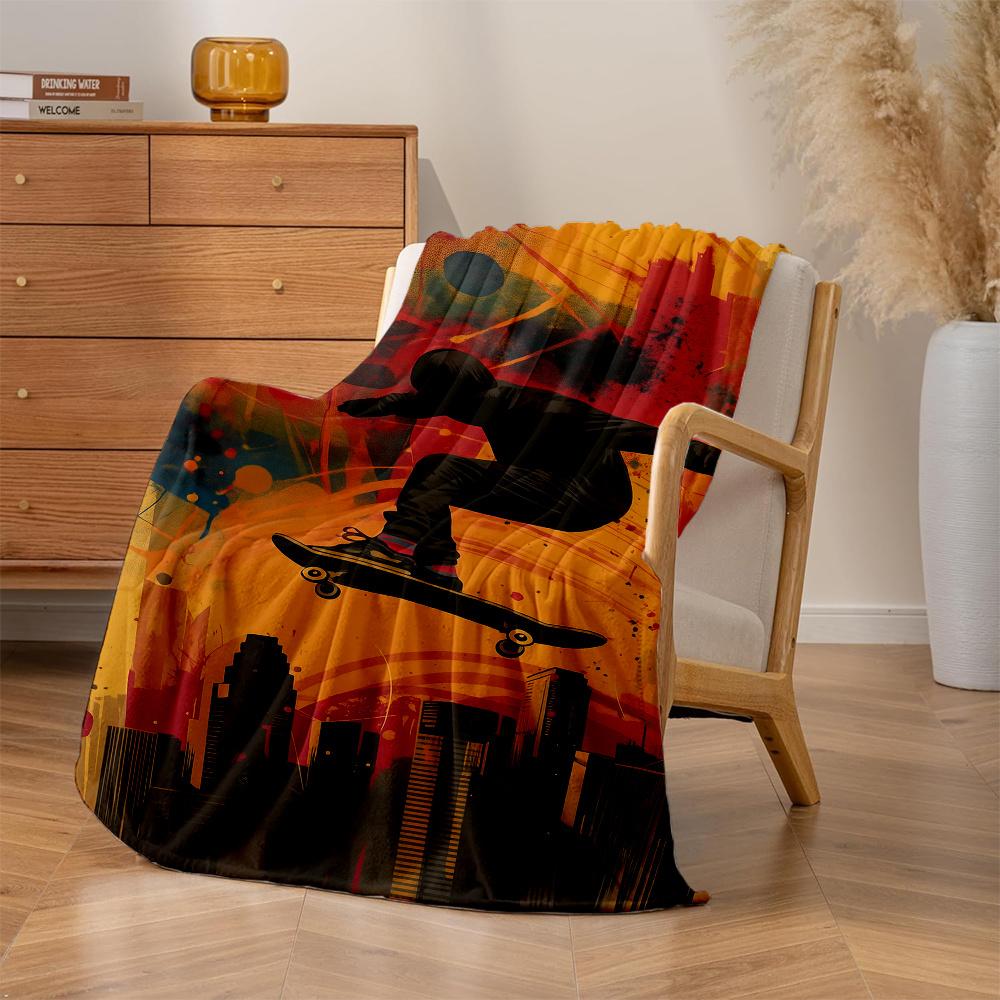 1pc Skate-Themed Teen Plush Quilted Blanket - Soft Warm All-Season Bedspread with Skater & Silhouette, Color-Block Design