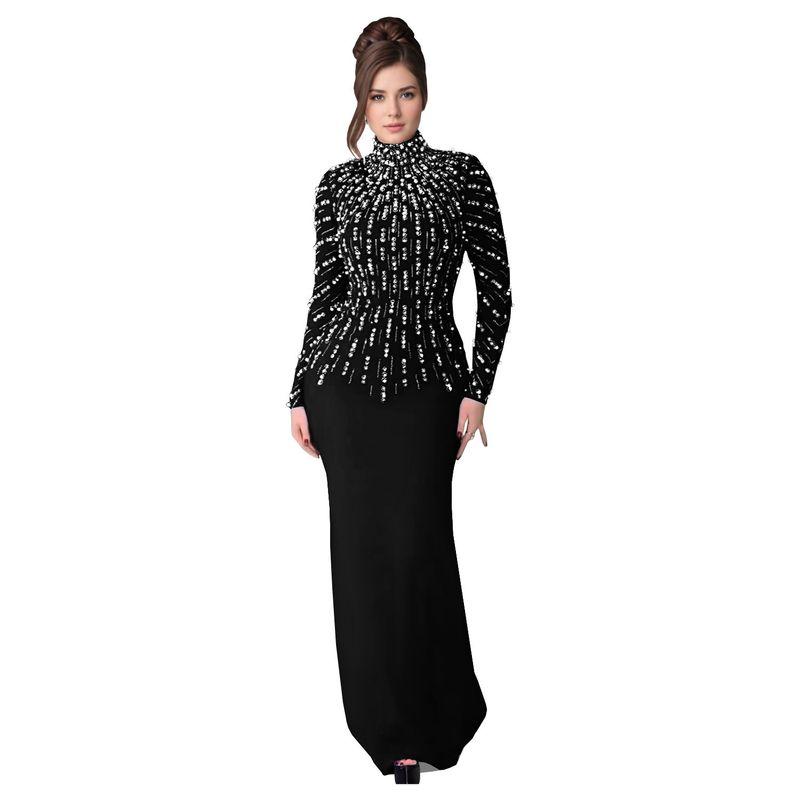 

C7379 European and American Fashion Women clothes Temperament Long sleeve Beads Hot Drilling Arm Covering Dress C7379-Black S