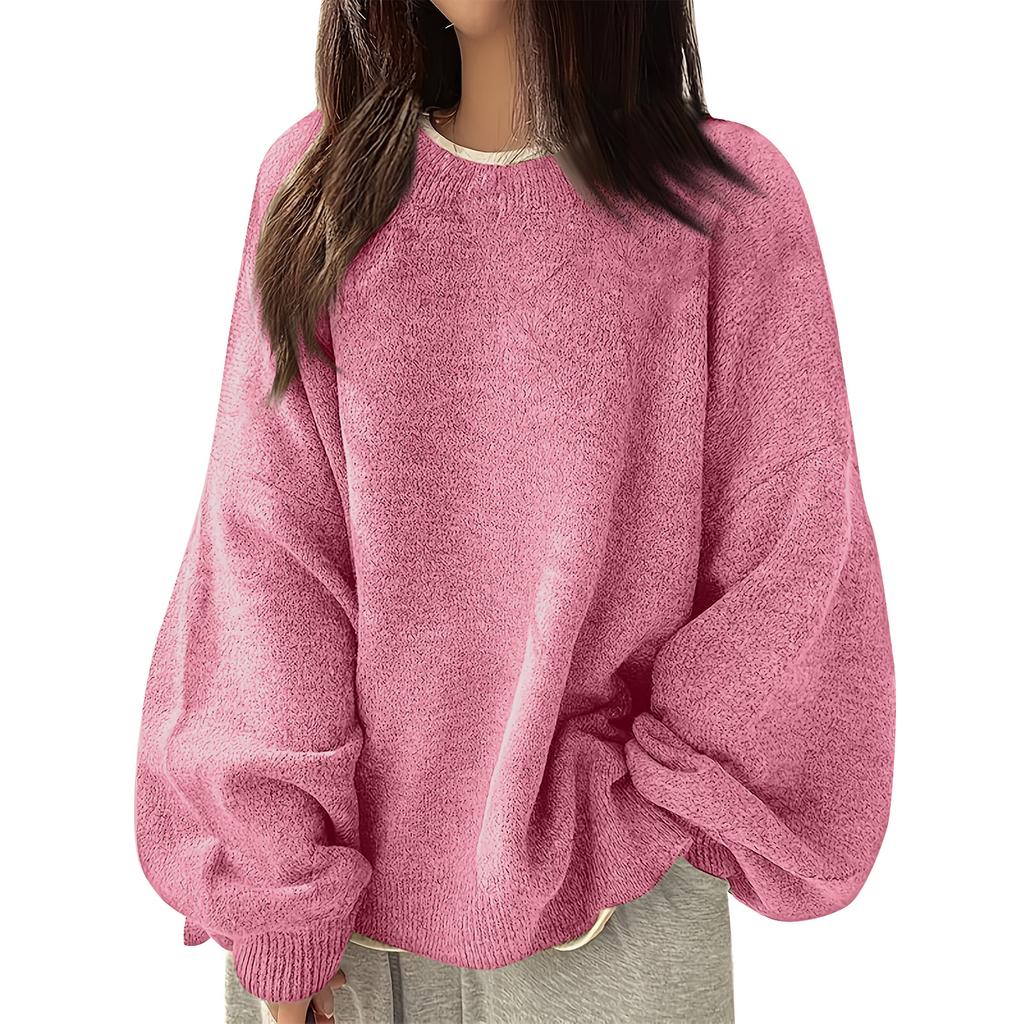 Women's Fashion Casual Loose Pullover Solid Color Round Neck Long Sleeve Knit Sweater