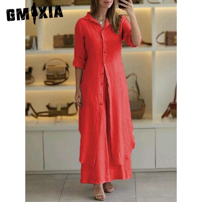 

GMXIA Женский летний, весенний и осенний элегантный хлопковый и льняной костюм с приталенными широкими брюками и длинными рукавами XXXXXL красный