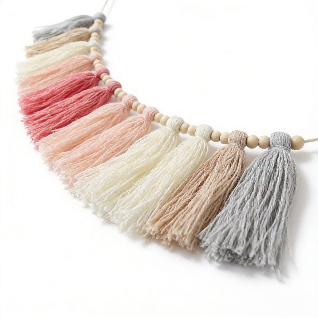 Boho Tassel Garland with Wood Beads Wall Hanging Tassel Banner for Classroom Bedroom Nursery Decoration Roseate