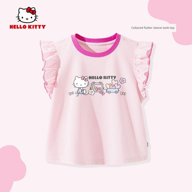 My Melody Girls' Flutter Sleeve T-Shirt Summer 2026 New Pink Children's Round Neck Top Cute Baby Girl Vest