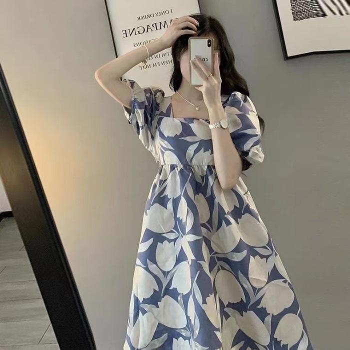 

French summer new fashion medium and long high-end printed bubble sleeves small versatile dress women M синий