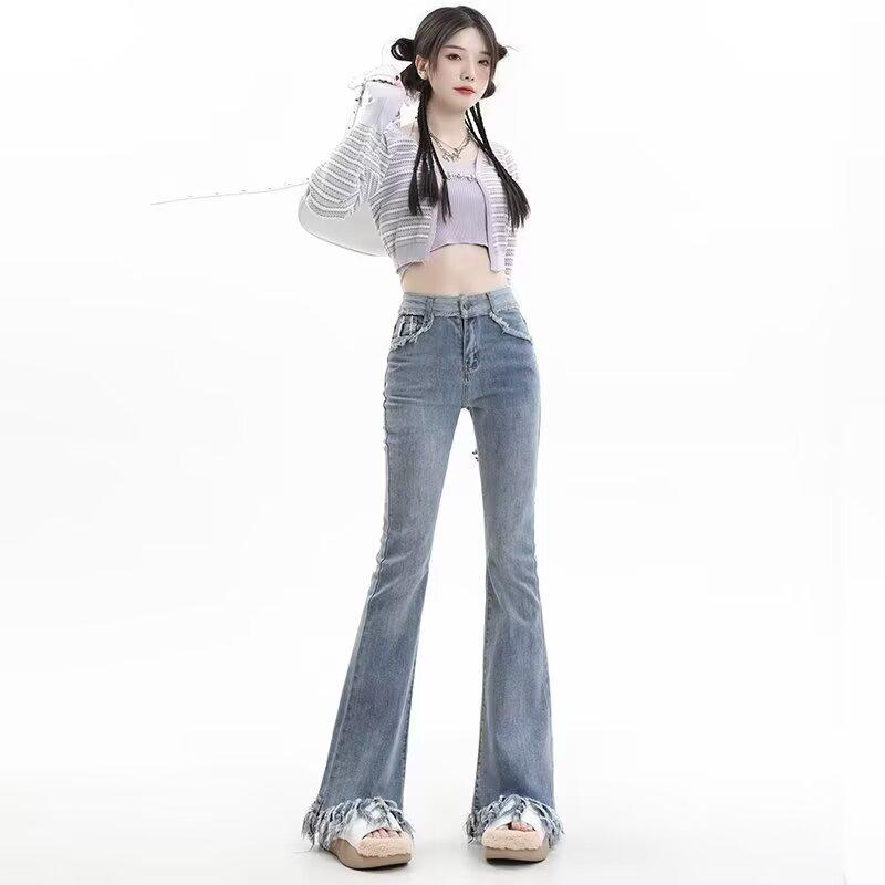 

Ретро Джинсы Клеш с Высокой Посадкой и Бахромой - Женские Эластичные Утягивающие Брюки-Колокол для Весны и Осени 3X Large синий