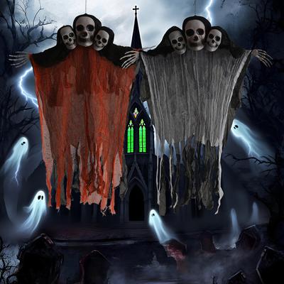 Large Hanging Three Head Skull Ghost Halloween Haunted House Decoration Gauze Prop Spooky Doorway Horror Suspended Ornament