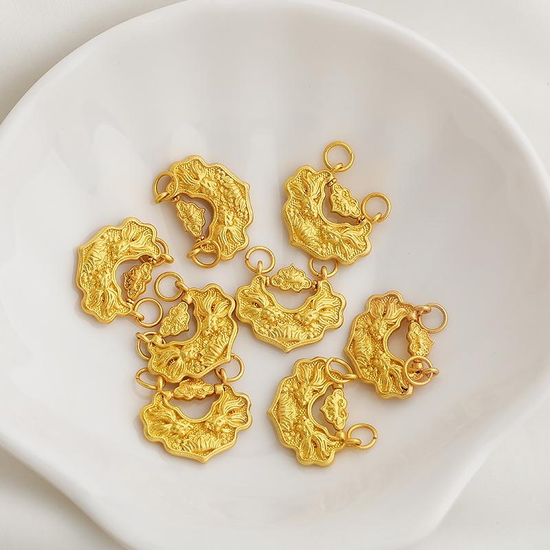 

Gold-Plated Koi Ruyi Double Ring Pendant Retro Floral Necklace DIY Accessory