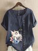Women's Fashion Cute Cat Print Round Neck Short Sleeve T-shirt Summer Casual Cotton Linen Graphic Shirt Leisure Loose Blouse Tops