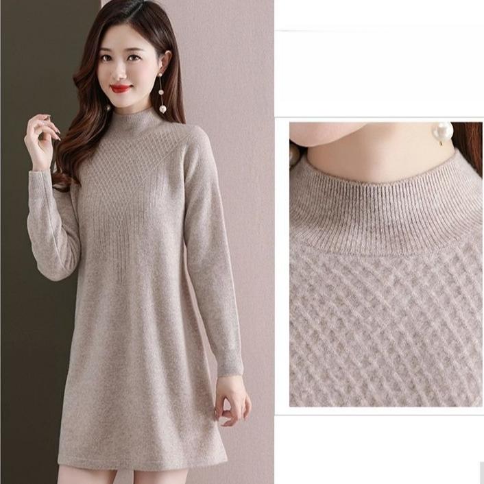 Turtleneck Knitted Dress for Women Loose Mid-length Sweater Dress Solid-color Casual Pullover Autumn and Winter
