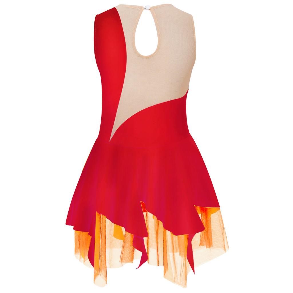 Kids Girls Rhinestone Skating Dress Sleeveless Round Neck Hollow Back Patchwork Style Figure Dance Costume