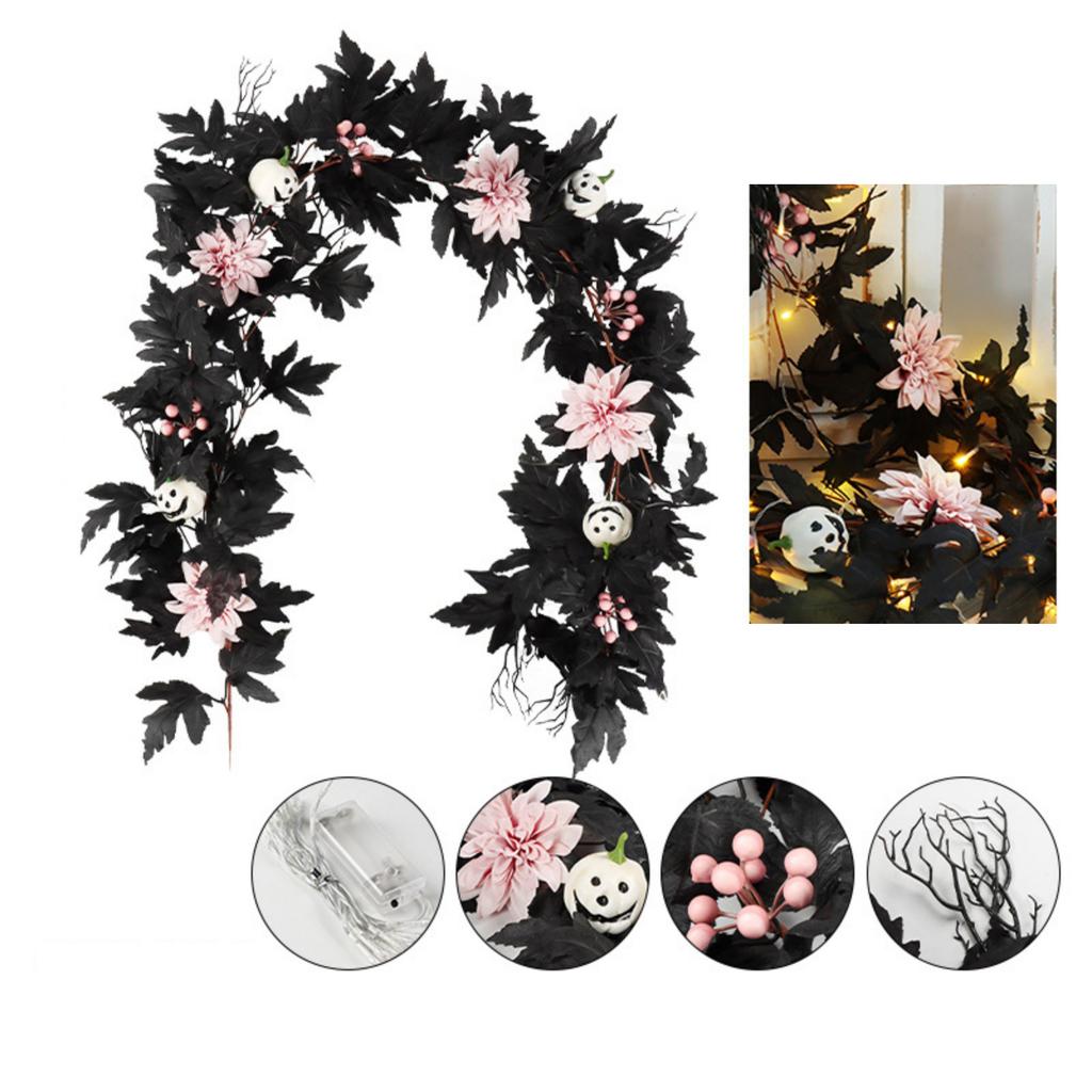 Artificial Maple Leaf Pumpkin Vine Garland with Light String 170-180cm Halloween Decorative Branches for Indoor Outdoor Use