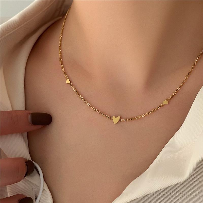 Elegant Titanium Steel Necklace with Three Small Hearts - Women's Fashionable and Delicate Clavicle Chain