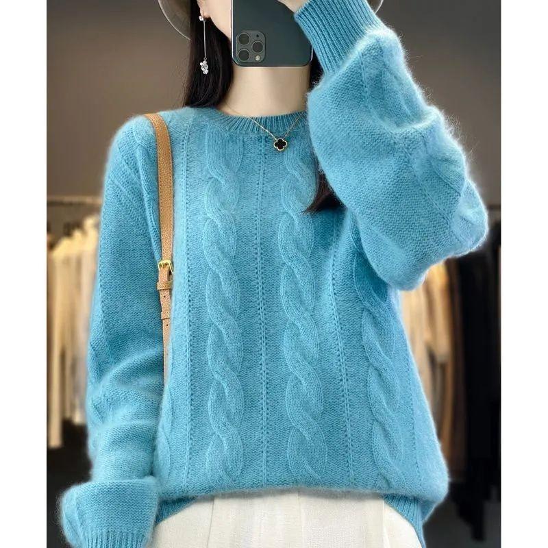 Frauen Pullover Rundhals Langarm Twist Textur Stricken Tops Einfarbig