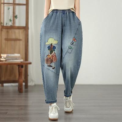 Mărime mare Broderie vintage Talie înaltă Casual Largi Femei Primăvară vară toamnă Blugi Denim Pantaloni Harem