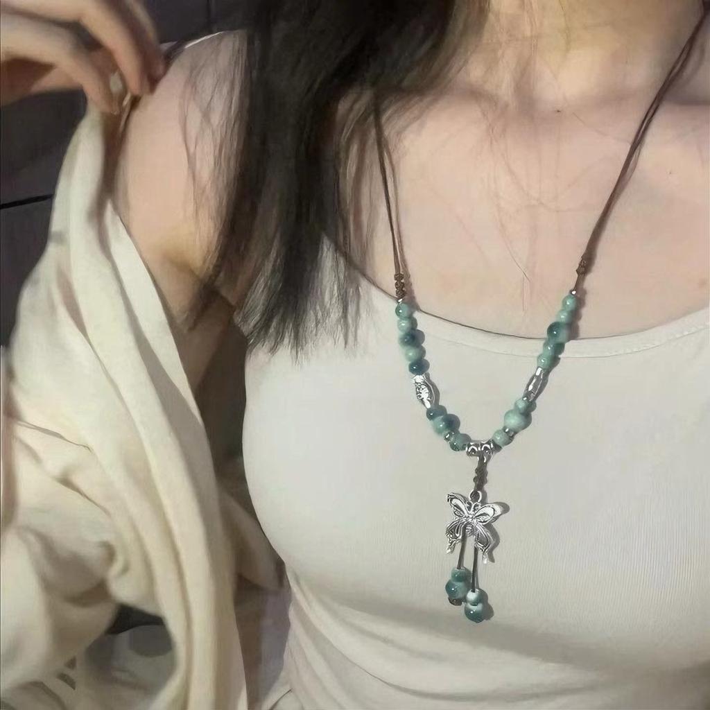 Bohemian Ceramic Beaded Butterfly Necklace Women's Retro Ethnic Style Woven Rope Collarbone Chain Antique Hanfu Accessories