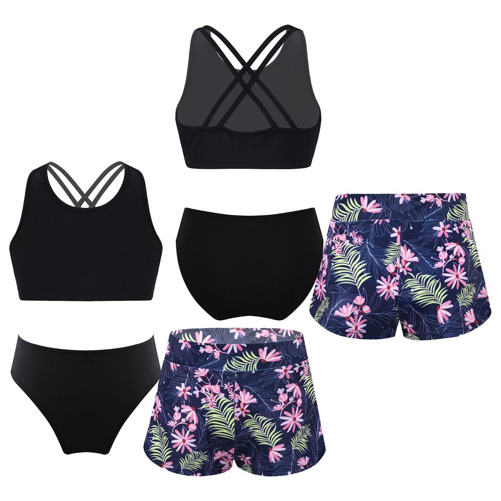 3 bucăți de costume de baie pentru fete, fără mâneci, cu bretele în spate, crop top cu pantaloni scurți și slip imprimați pentru înot la plajă, la piscină