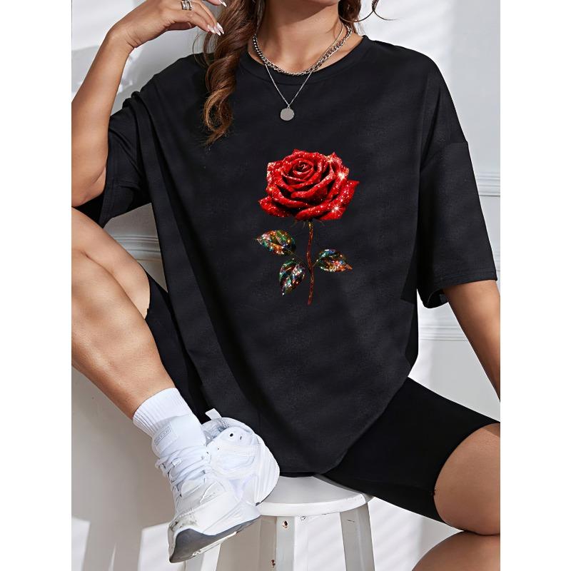 White T Shirt With Red Rose Print For Casual Wear