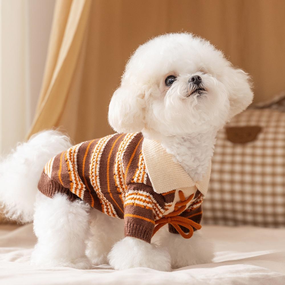 Spring and Autumn dog clothes contrasting color strips lace-up polo collar sweater two-legged small dog Bigbear teddy dog clothes