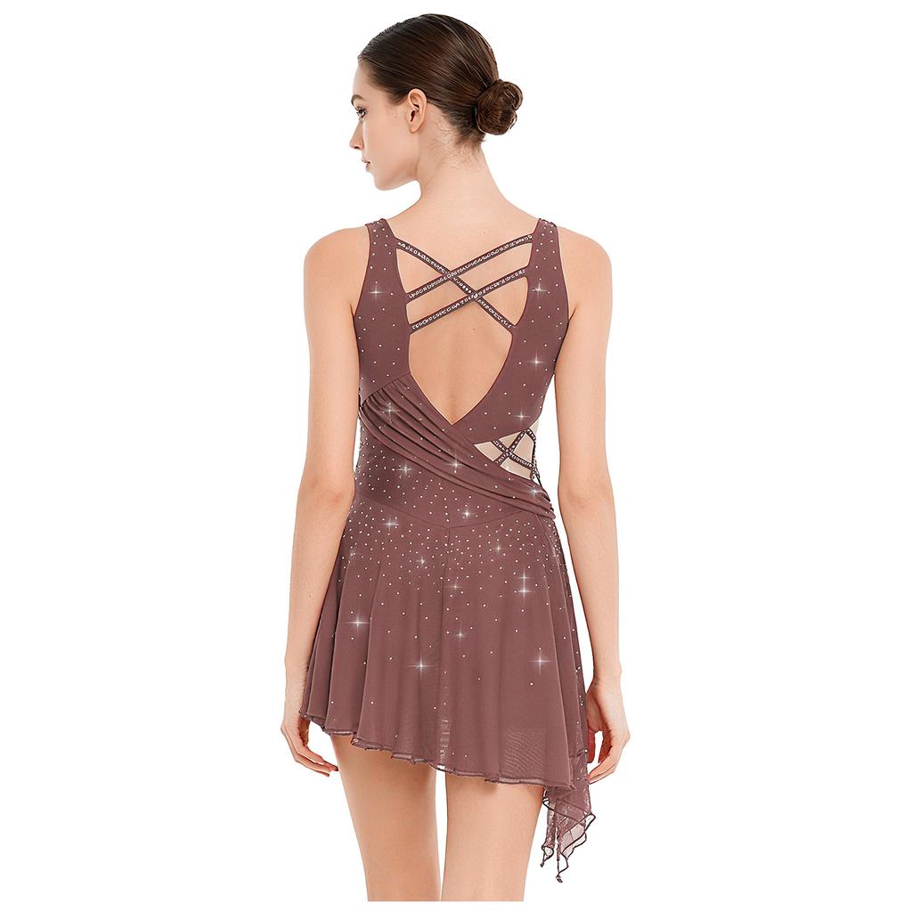 Womens Dance Dress Rhinestones Adorned Straps Backless Design Side Slit Flowy Asymmetrical Hem Dresses