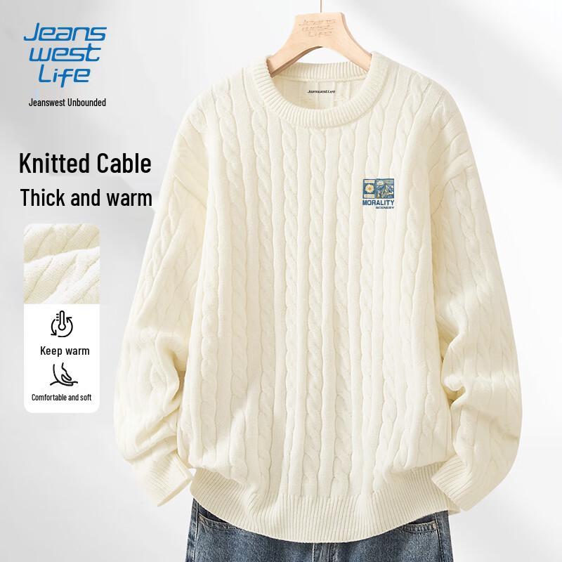 JEANSWEST LIFE Men s Winter Fleece-lined Cable Knit Round Neck Sweater L