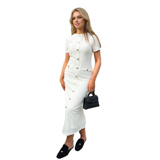 Rochie Lungă Tricotată cu Nasturi pentru Femei Mânecă Scurtă Gât Rotund Rochie Tip Sacou Rochie Formală pentru Invitați la Nuntă Petrecere Rochie de Cocktail