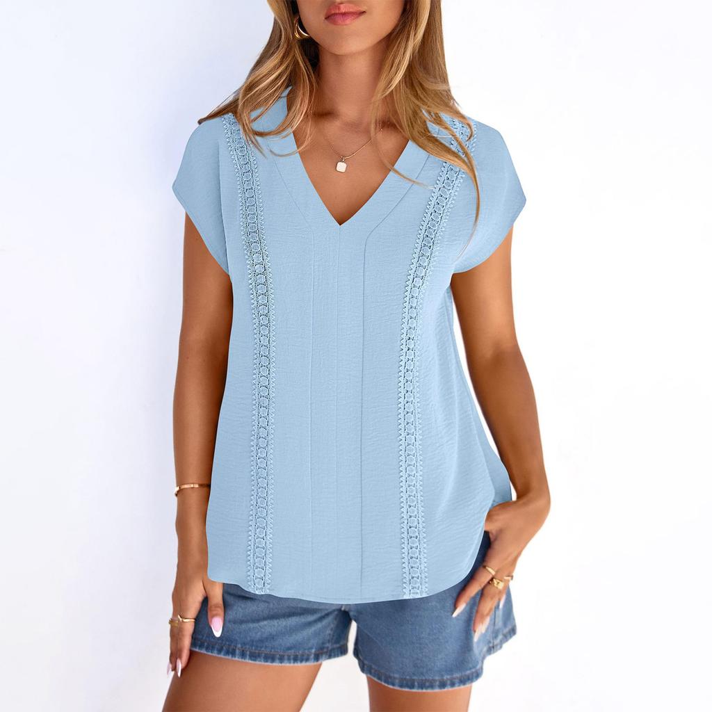 Women's Casual Fashion Ruched V,Neck Hollow Out Lace Trim T,Shirt Top