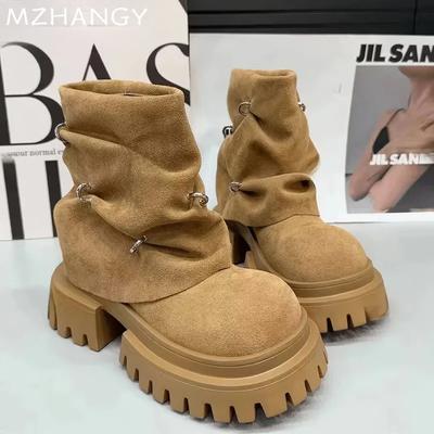 Platforma Damskie Botki Moda Zamsz Średni Obcas Buty Kobieta 2025 Trend Zimowe Botki Chelsea Spacerowe Nowe Gotyckie Śniegowe Botas Mujer