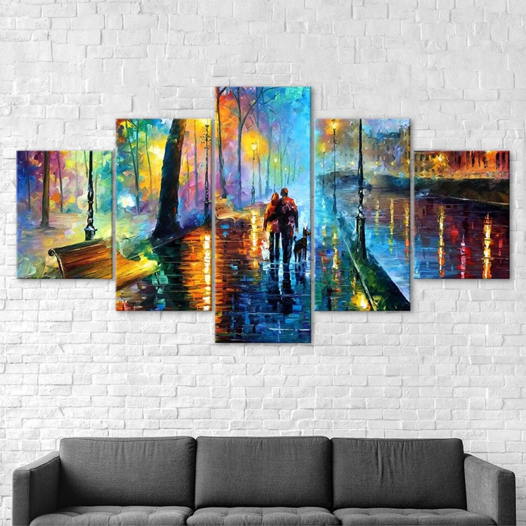 Abstract Couple Walking Rainy Night Scenery Painting 5 Piece Five Panel Canvas Print Modern Wall Art Poster Home Decor Gift For Him Her