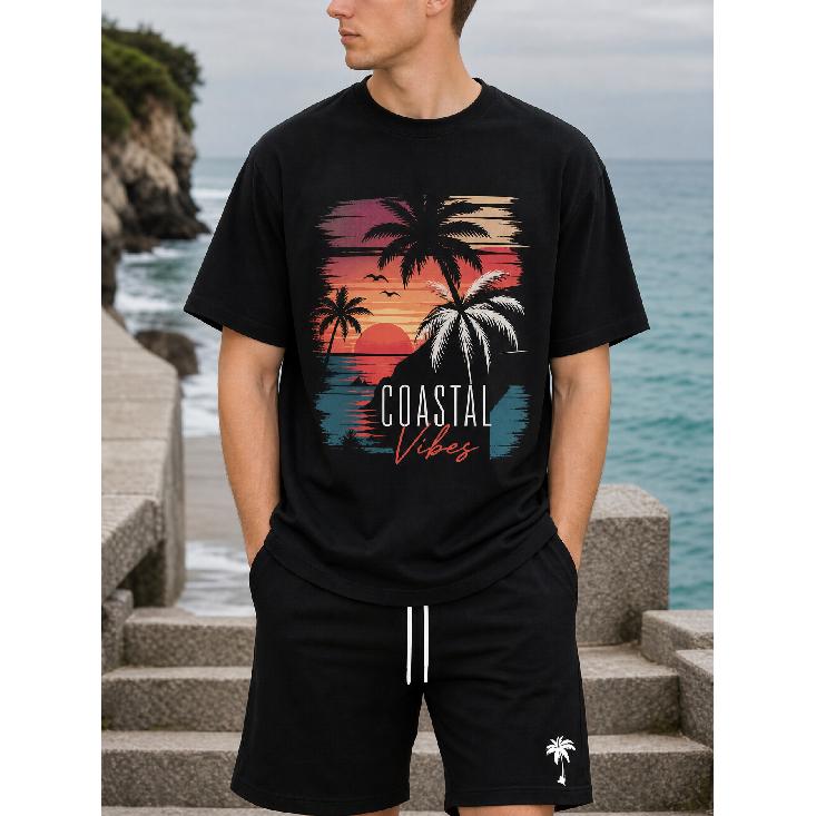 Men's Black Short Sleeve T-shirt with Retro Coastal Sunset Palm Tree Graphic, Relaxed Fit Crew Neck Soft Cotton Tee for Beach Vacation Casual Wear