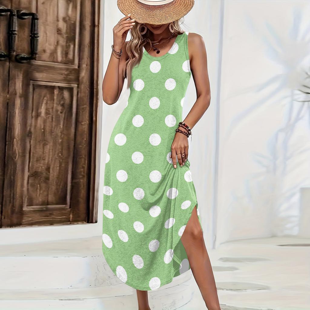 Women Sleeveless Maxi Dress Loose Fit Casual Polka Dot Print Long Dress Side Slit Summer Beachwear Comfortable Lightweight