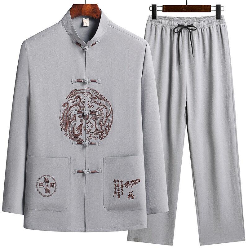 Male Printing Chinese Style Long Sleeves Shirts Trouser Cotton Silk Fabric Sportswear Men's Casual Sets Shirts + Pants