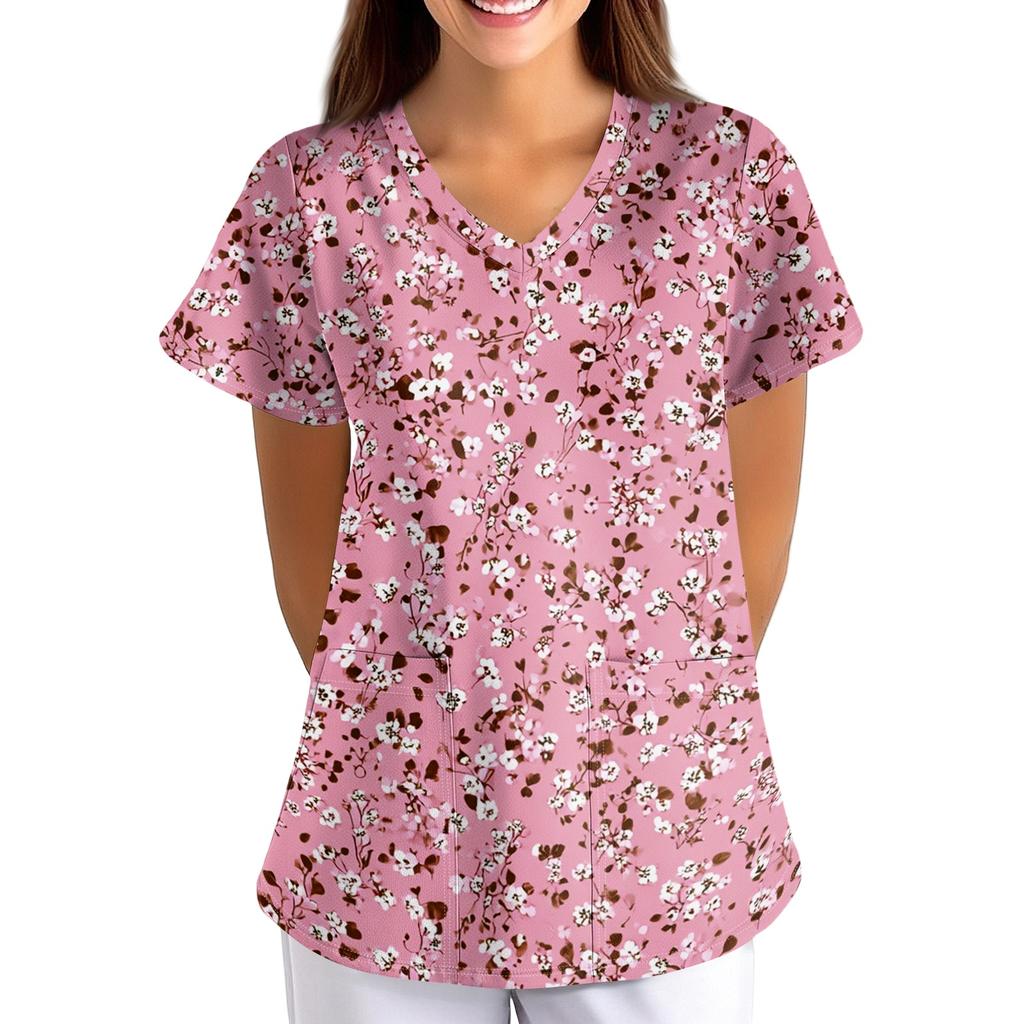 Loose Fit V Neck Pocket Short Sleeve Medical Scrub Top Floral Pattern Nurse Uniform Workwear for Healthcare Professionals