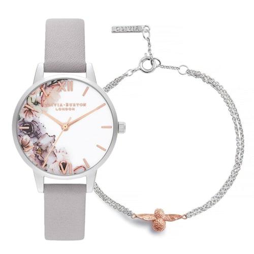 

Authorized Olivia Burton Watches, Women s Watercolor Floral Midi Watch in Gray, Silver & Rose Gold with 3D Bee Chain Bracelet in Silver & Rose Gold
