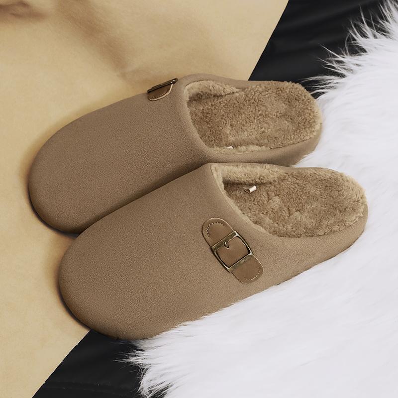 2026 New Unisex Winter Home Slippers Fashion Buckle Design Warm Fleece Lined Non - Slip Indoor Comfort Slippers New Arrival