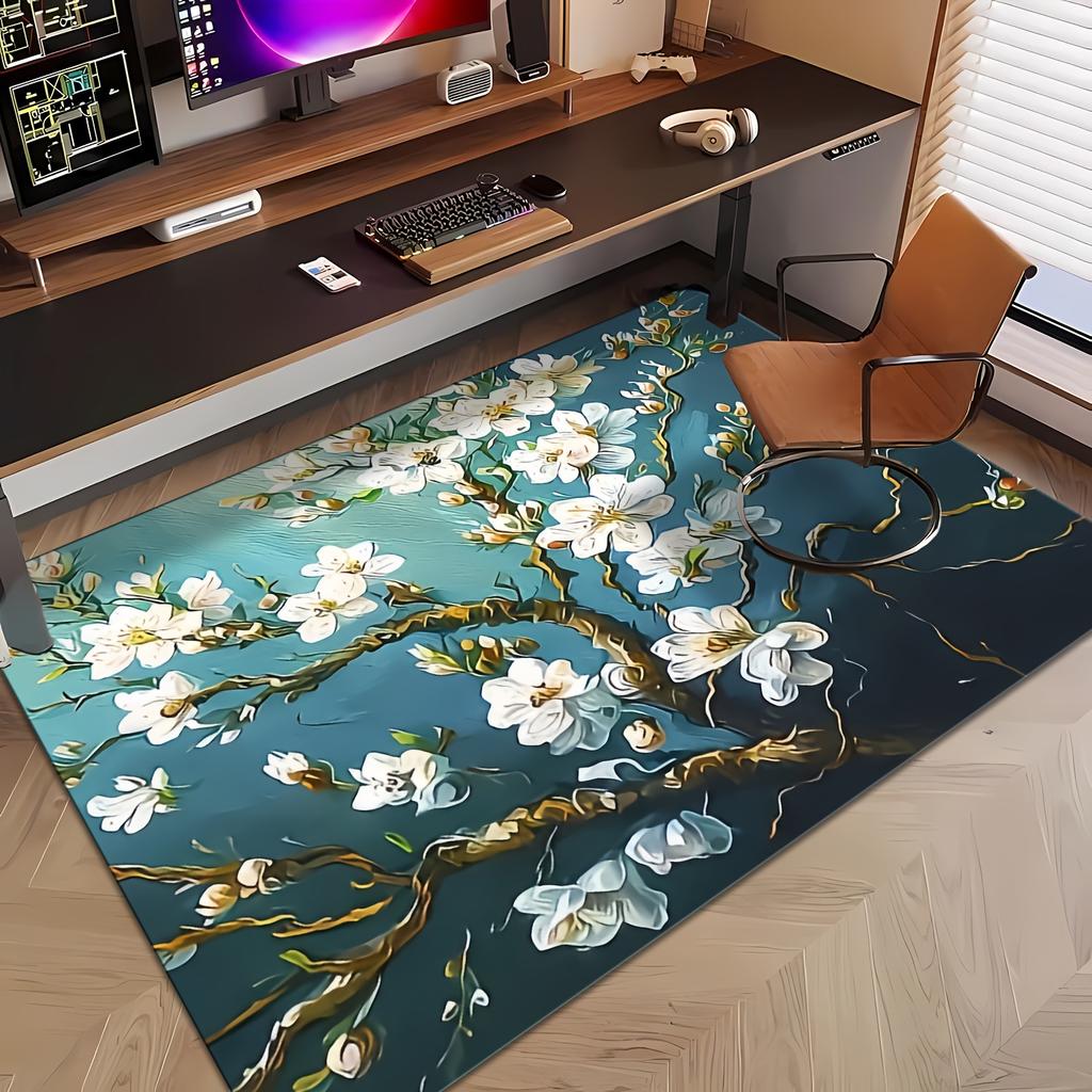 Decorative Floral Area Rug for Living Room Spring Decor Chic White Cherry Blossom Pattern Indoor Hallway Mat Elegant Boho Style